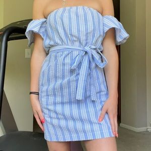 Off the shoulder stripped blue mini dress